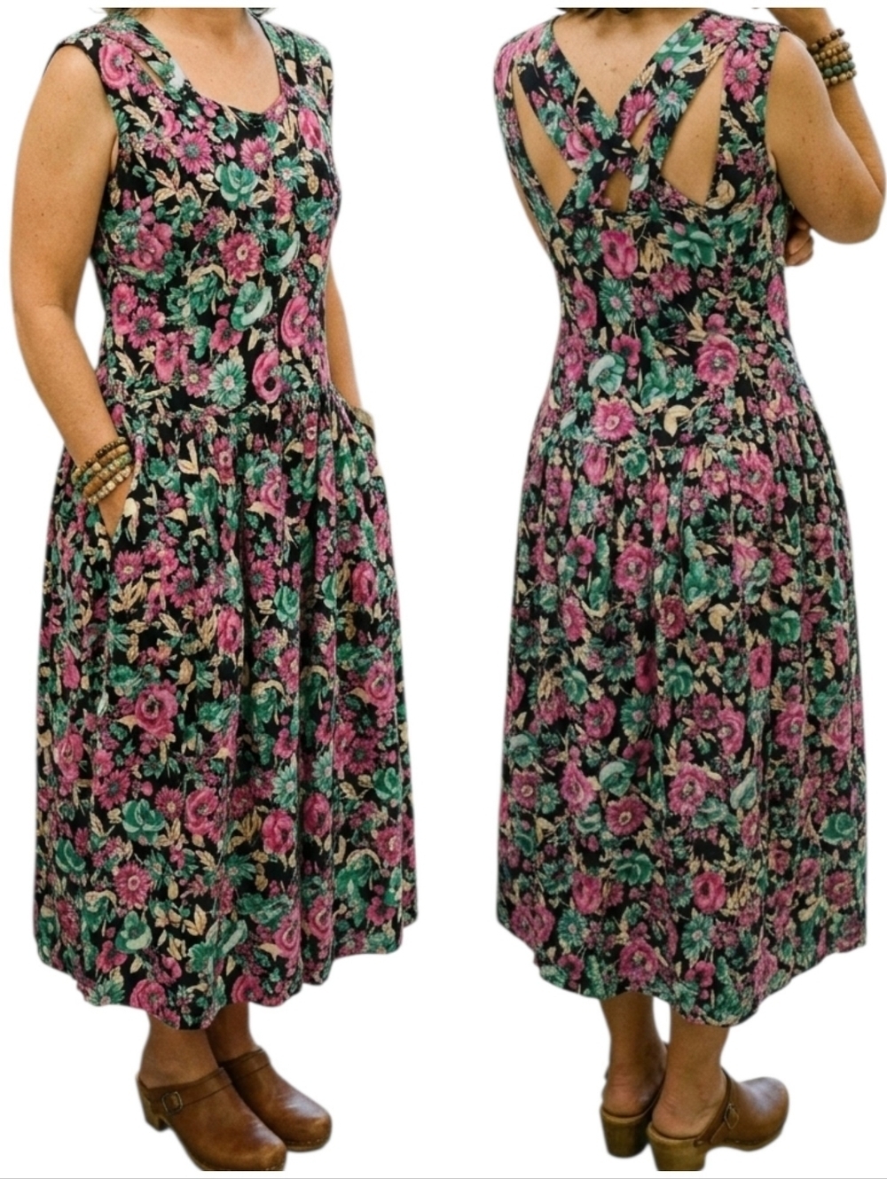 90s Vintage Floral Midi Dress Criss Cross Back Whimsigoth Teal Pink L
